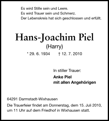Traueranzeige von Hans-Joachim Piel von Darmstädter Echo, Odenwälder Echo, Rüsselsheimer Echo, Groß-Gerauer-Echo, Ried Echo