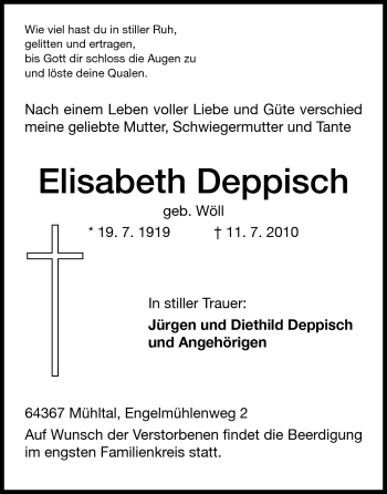 Traueranzeige von Elisabeth Deppisch von Darmstädter Echo, Odenwälder Echo, Rüsselsheimer Echo, Groß-Gerauer-Echo, Ried Echo