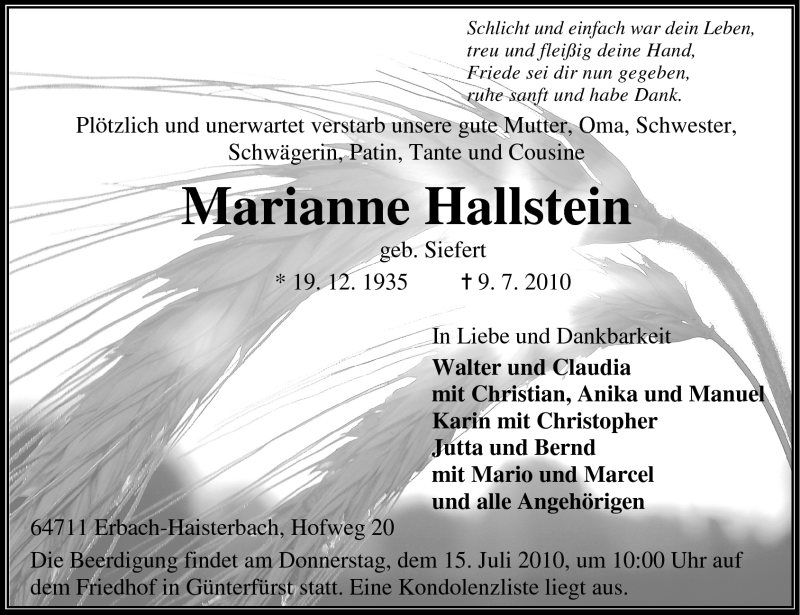  Traueranzeige für Marianne Hallstein vom 13.07.2010 aus Odenwälder Echo