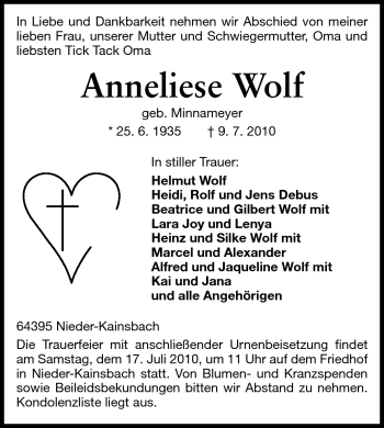 Traueranzeige von Anneliese Wolf von Odenwälder Echo