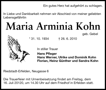 Traueranzeige von Maria Arminia Kohn von Rüsselsheimer Echo, Groß-Gerauer-Echo, Ried Echo