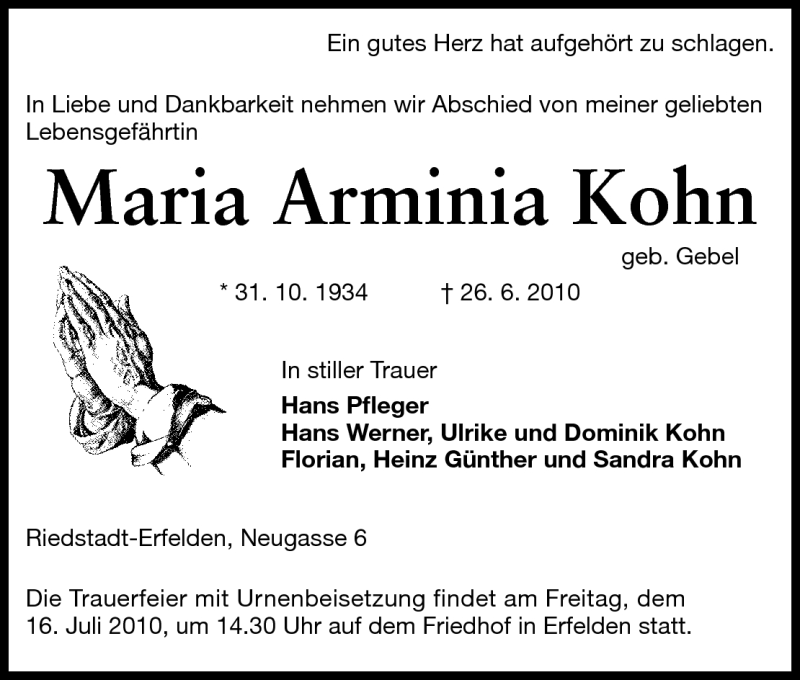  Traueranzeige für Maria Arminia Kohn vom 15.07.2010 aus Rüsselsheimer Echo, Groß-Gerauer-Echo, Ried Echo