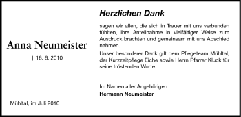 Traueranzeige von Anna Neumeister von Darmstädter Echo, Odenwälder Echo, Rüsselsheimer Echo, Groß-Gerauer-Echo, Ried Echo