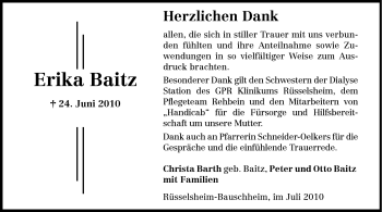 Traueranzeige von Erika Baitz von Rüsselsheimer Echo, Groß-Gerauer-Echo, Ried Echo
