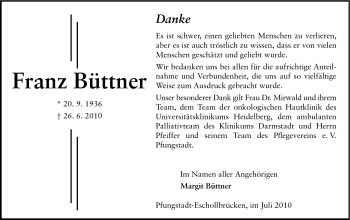 Traueranzeige von Franz Büttner von Echo-Zeitungen (Gesamtausgabe)