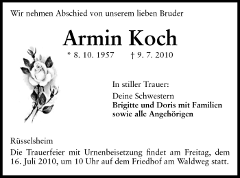 Traueranzeige von Armin Koch von Rüsselsheimer Echo, Groß-Gerauer-Echo, Ried Echo