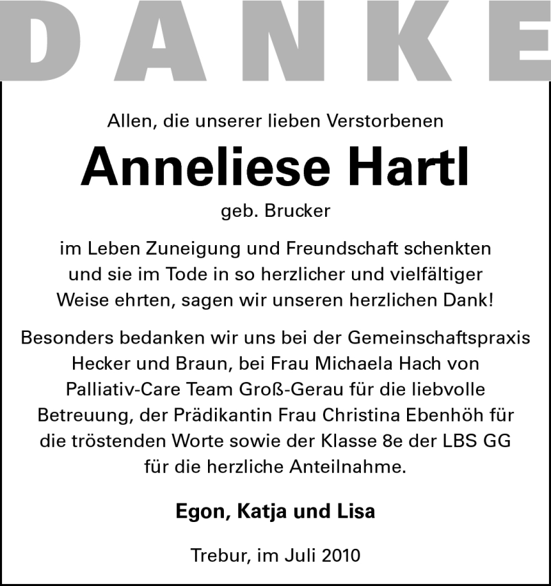  Traueranzeige für Anneliese Hartl vom 16.07.2010 aus Rüsselsheimer Echo, Groß-Gerauer-Echo, Ried Echo