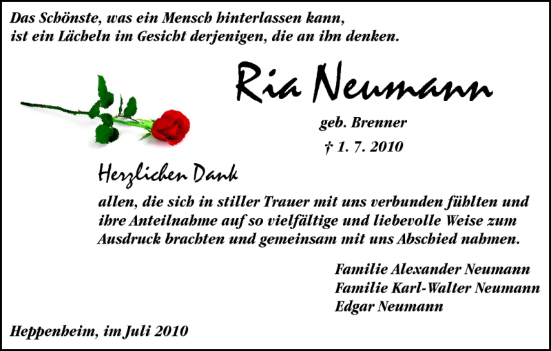  Traueranzeige für Ria Neumann vom 17.07.2010 aus Starkenburger Echo, Bergsträßer Anzeiger