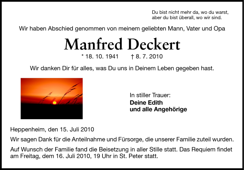 Traueranzeige für Manfred Deckert vom 15.07.2010 aus Starkenburger Echo