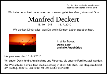 Traueranzeige von Manfred Deckert von Starkenburger Echo