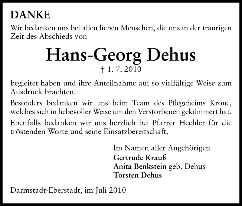  Traueranzeige für Hans-Georg Dehus vom 17.07.2010 aus Echo-Zeitungen (Gesamtausgabe)