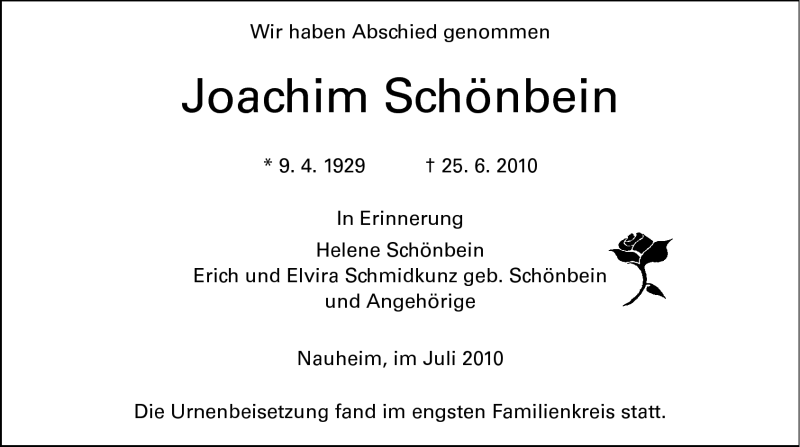  Traueranzeige für Joachim Schönbein vom 17.07.2010 aus Rüsselsheimer Echo, Groß-Gerauer-Echo, Ried Echo