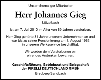 Traueranzeige von Johannes Gieg von Odenwälder Echo