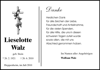 Traueranzeige von Lieselotte Walz von Starkenburger Echo