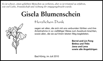 Traueranzeige von Gisela Ottilie Blumenschein von Odenwälder Echo