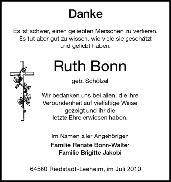 Traueranzeige von Ruth Bonn von Rüsselsheimer Echo, Groß-Gerauer-Echo, Ried Echo