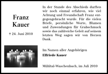 Traueranzeige von Franz Kauer von Echo-Zeitungen (Gesamtausgabe)