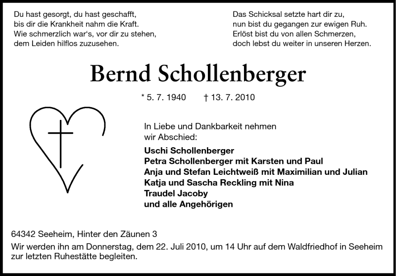  Traueranzeige für Bernd Schollenberger vom 16.07.2010 aus Echo-Zeitungen (Gesamtausgabe)