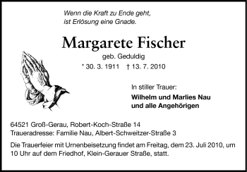 Traueranzeige von Margarete Fischer von Rüsselsheimer Echo, Groß-Gerauer-Echo, Ried Echo