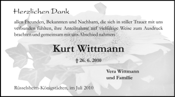 Traueranzeige von Kurt Wittmann von Rüsselsheimer Echo, Groß-Gerauer-Echo, Ried Echo
