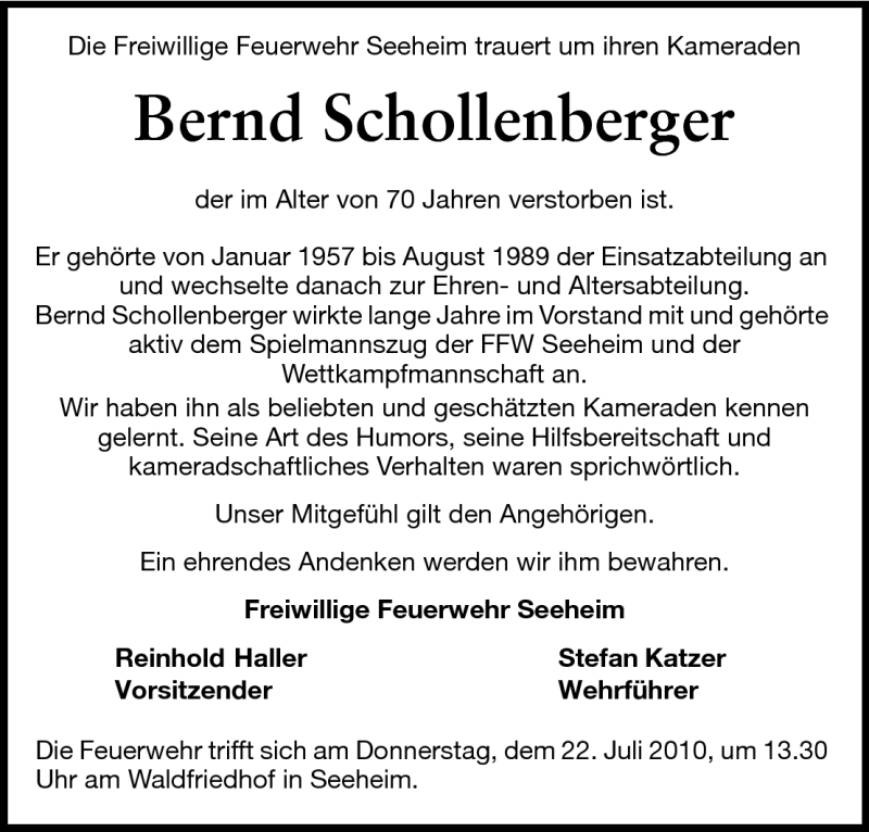  Traueranzeige für Bernd Schollenberger vom 16.07.2010 aus Echo-Zeitungen (Gesamtausgabe)