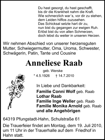 Traueranzeige von Anneliese Raab von Darmstädter Echo, Odenwälder Echo, Rüsselsheimer Echo, Groß-Gerauer-Echo, Ried Echo
