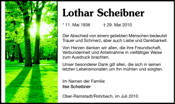 Traueranzeige von Lothar Scheibner von Darmstädter Echo, Odenwälder Echo, Rüsselsheimer Echo, Groß-Gerauer-Echo, Ried Echo