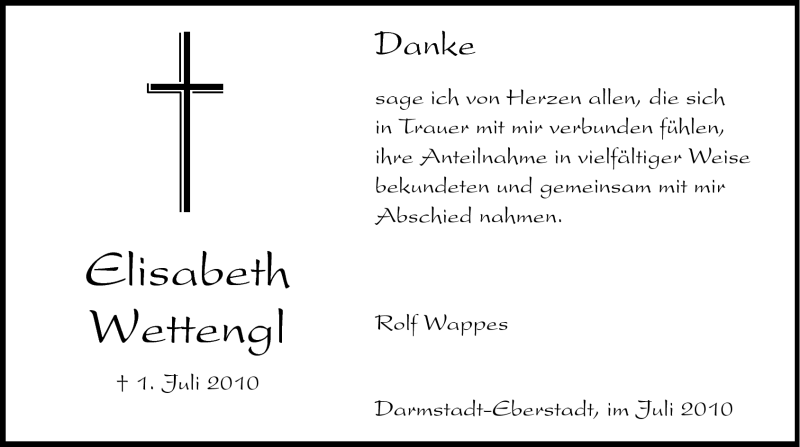  Traueranzeige für Elisabeth Wettengl vom 17.07.2010 aus Echo-Zeitungen (Gesamtausgabe)