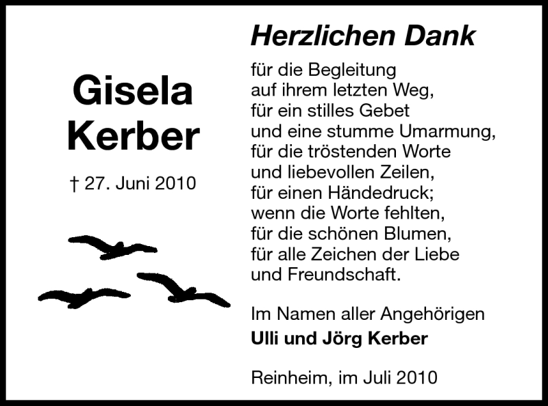  Traueranzeige für Gisela Kerber vom 17.07.2010 aus Echo-Zeitungen (Gesamtausgabe)