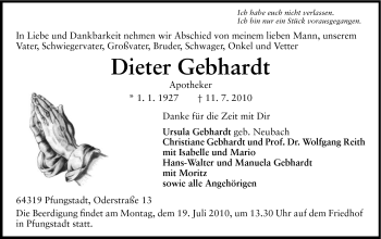 Traueranzeige von Dieter Gebhardt von Echo-Zeitungen (Gesamtausgabe)