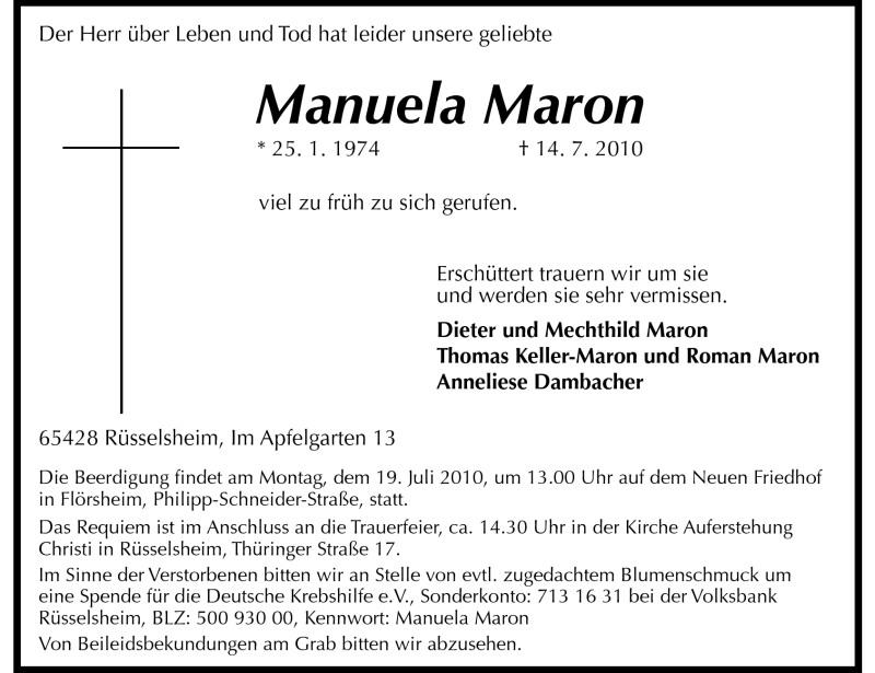  Traueranzeige für Manuela Marohn vom 17.07.2010 aus Rüsselsheimer Echo, Groß-Gerauer-Echo, Ried Echo