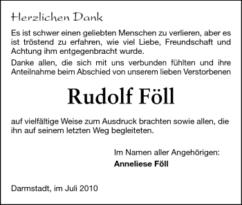 Traueranzeige von Rudolf Föll von Darmstädter Echo, Odenwälder Echo, Rüsselsheimer Echo, Groß-Gerauer-Echo, Ried Echo