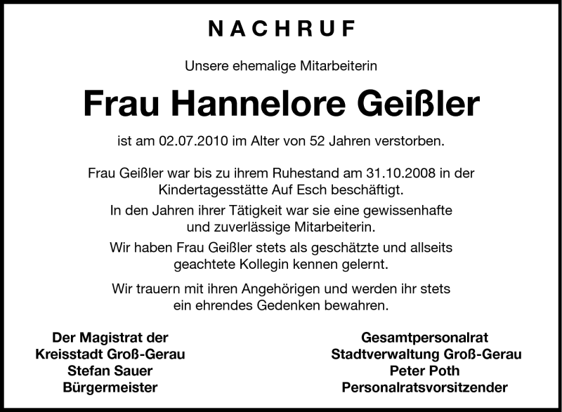  Traueranzeige für Hannelore Geißler vom 17.07.2010 aus Rüsselsheimer Echo, Groß-Gerauer-Echo, Ried Echo