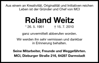 Traueranzeige von Roland Weitz von Darmstädter Echo, Odenwälder Echo, Rüsselsheimer Echo, Groß-Gerauer-Echo, Ried Echo