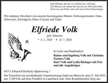 Traueranzeige von Elfriede Volk von Odenwälder Echo