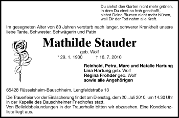 Traueranzeige von Mathilde Stauder von Rüsselsheimer Echo, Groß-Gerauer-Echo, Ried Echo