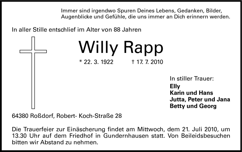  Traueranzeige für Willy Rapp vom 19.07.2010 aus Echo-Zeitungen (Gesamtausgabe)