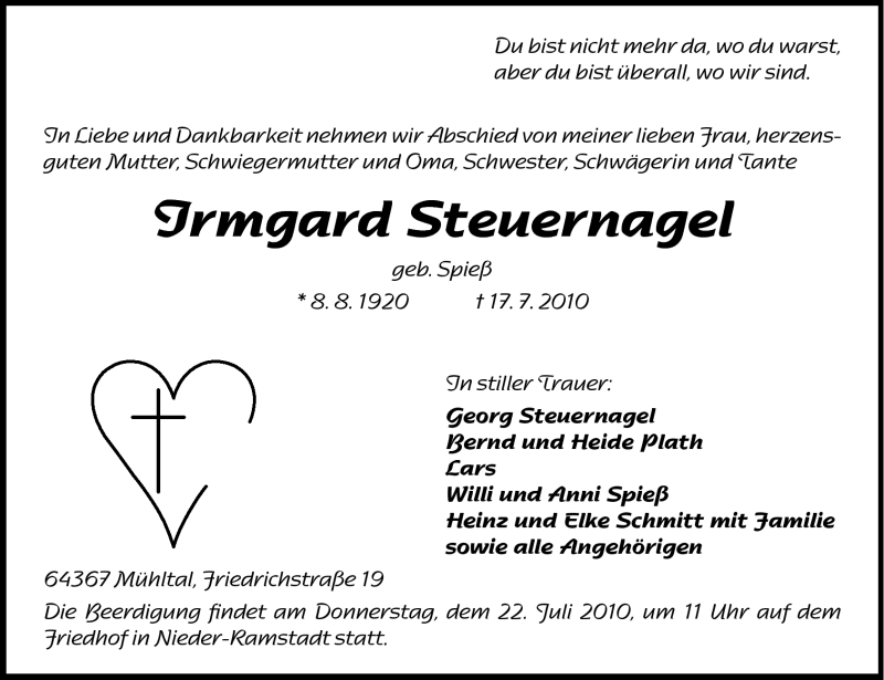  Traueranzeige für Irmgard Steuernagel vom 20.07.2010 aus Darmstädter Echo, Odenwälder Echo, Rüsselsheimer Echo, Groß-Gerauer-Echo, Ried Echo