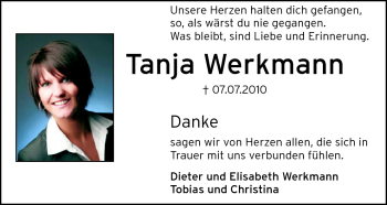 Traueranzeige von Tanja Werkmann von Darmstädter Echo, Odenwälder Echo, Rüsselsheimer Echo, Groß-Gerauer-Echo, Ried Echo
