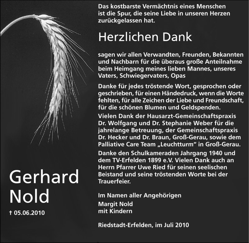  Traueranzeige für Gerhard Nold vom 21.07.2010 aus Rüsselsheimer Echo, Groß-Gerauer-Echo, Ried Echo