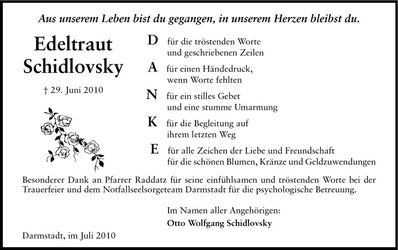  Traueranzeige für Edeltraut Schidlovsky vom 24.07.2010 aus Echo-Zeitungen (Gesamtausgabe)