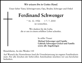 Traueranzeige von Ferdinand Schwenger von Rüsselsheimer Echo, Groß-Gerauer-Echo, Ried Echo