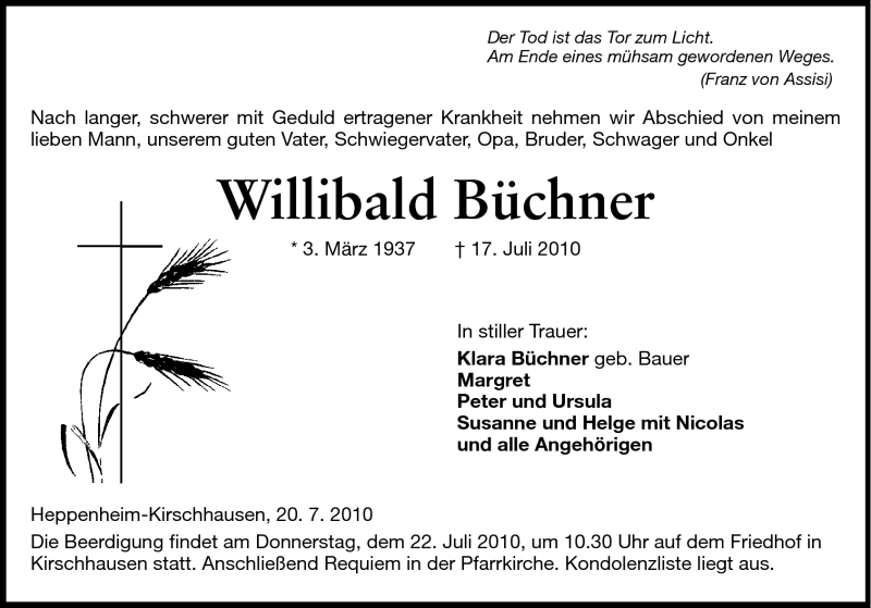 Traueranzeige für Willibald Büchner vom 20.07.2010 aus Starkenburger Echo