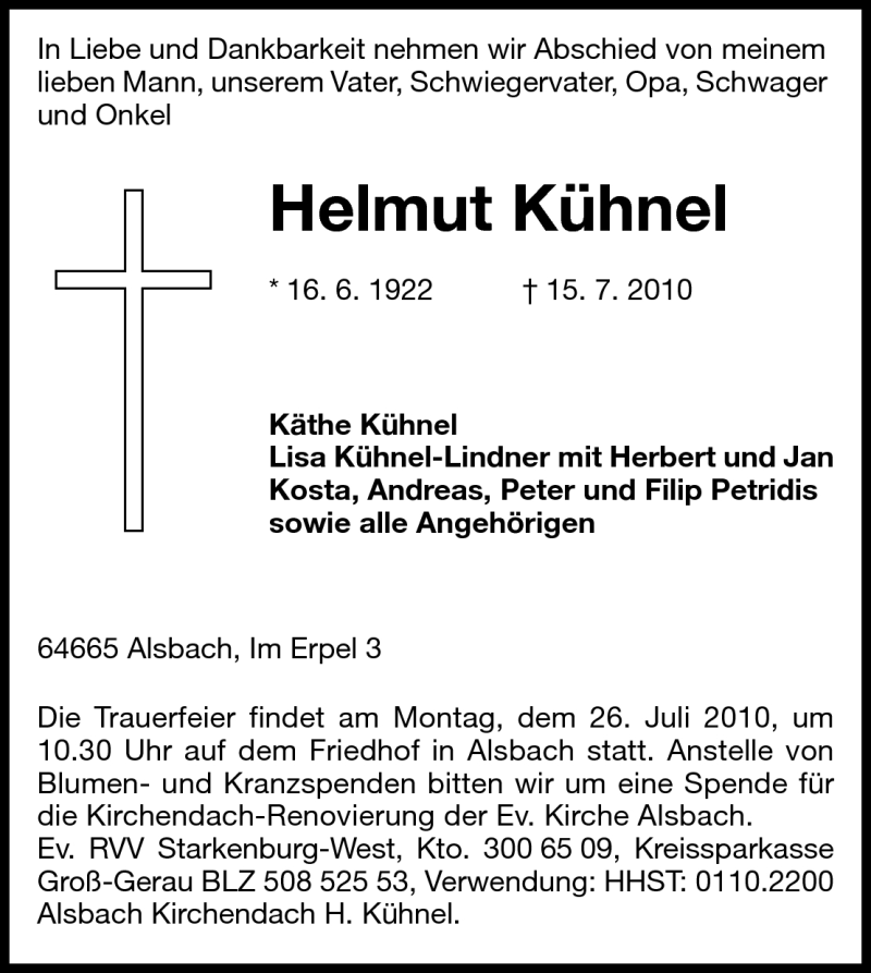  Traueranzeige für Helmut Kühnel vom 21.07.2010 aus Echo-Zeitungen (Gesamtausgabe)