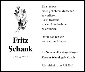 Traueranzeige von Fritz Schank von Rüsselsheimer Echo, Groß-Gerauer-Echo, Ried Echo