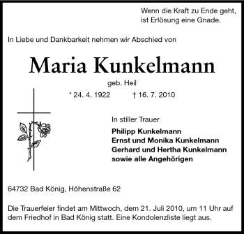 Traueranzeige von Maria Kunkelmann von Odenwälder Echo