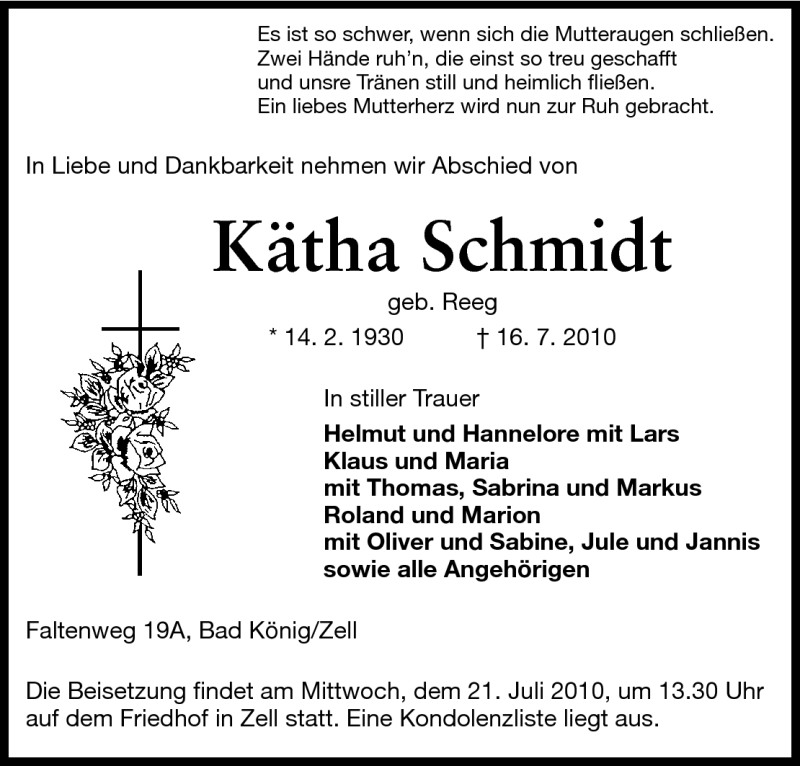  Traueranzeige für Kätha Schmidt vom 20.07.2010 aus Odenwälder Echo