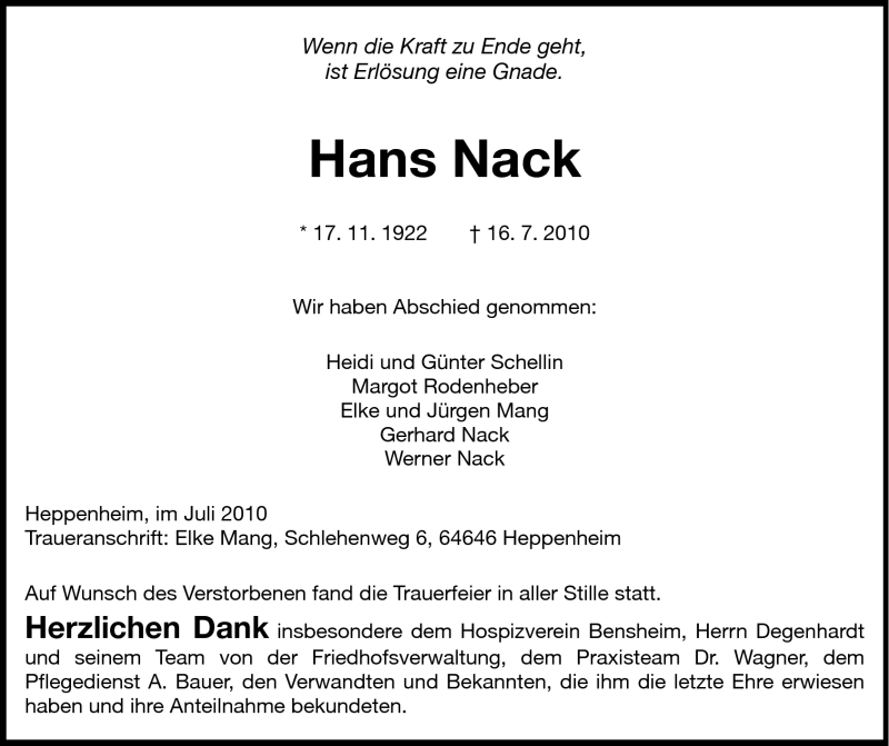  Traueranzeige für Hans Nack vom 24.07.2010 aus Starkenburger Echo