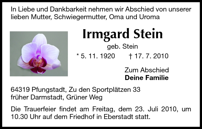  Traueranzeige für Irmgard Stein vom 21.07.2010 aus Echo-Zeitungen (Gesamtausgabe)