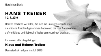 Traueranzeige von Hans Treiber von Darmstädter Echo, Odenwälder Echo, Rüsselsheimer Echo, Groß-Gerauer-Echo, Ried Echo